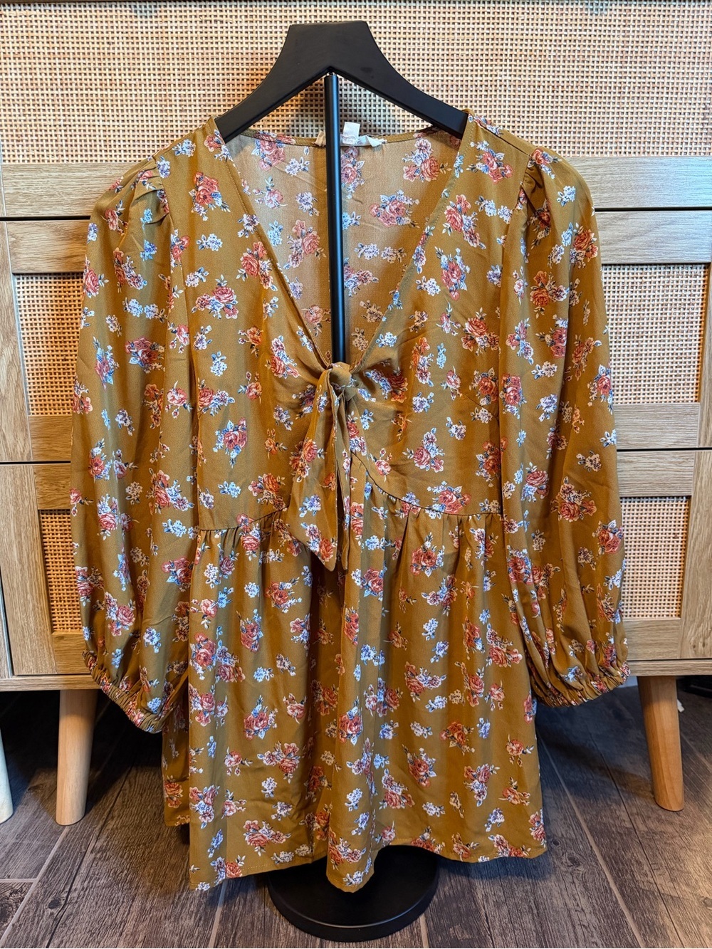 Mustard Floral Tie-Front Blouse with Long Sleeves
